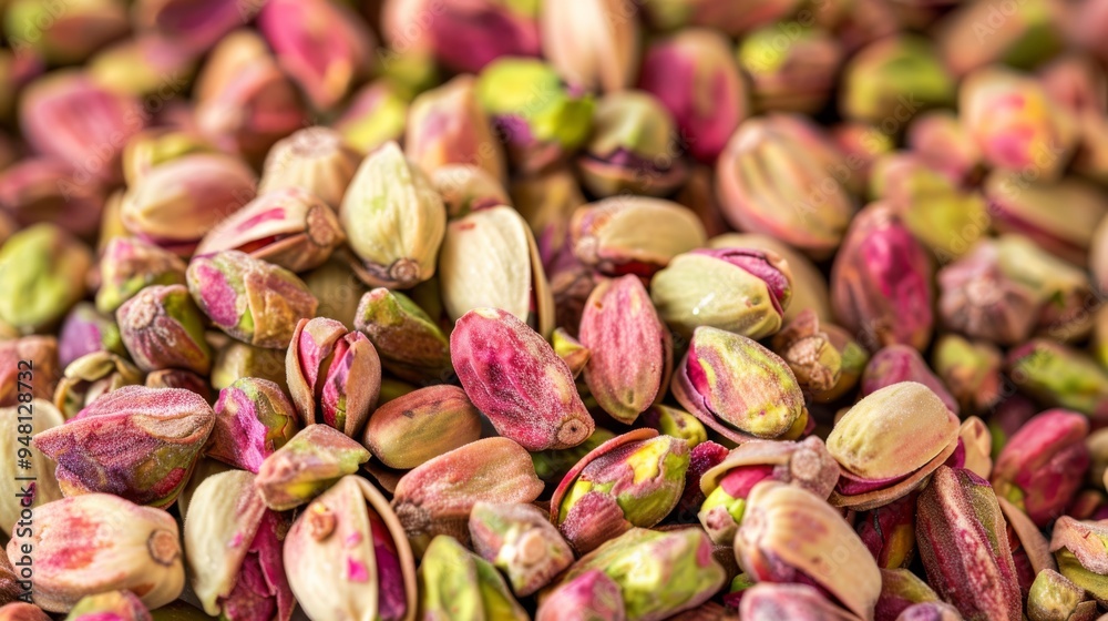 Poster A macro image of pistachio nuts showing their unique texture and color, placed on a white background for contrast.