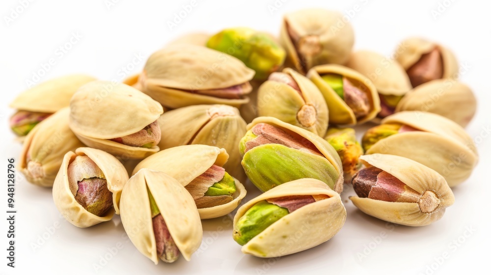 Poster A macro image of pistachio nuts showing their unique texture and color, placed on a white background for contrast.