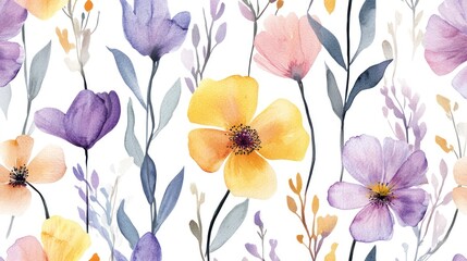 A vibrant watercolor illustration featuring an array of flowers in hues of purple, yellow, and pink against a white background.