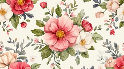 A vibrant floral pattern featuring blooming pink and white peonies set against a light background, creating a fresh and lively atmosphere.