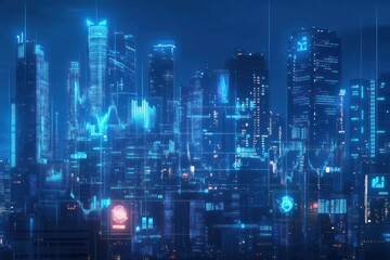 Fototapeta premium Cityscape with Digital Data Overlays