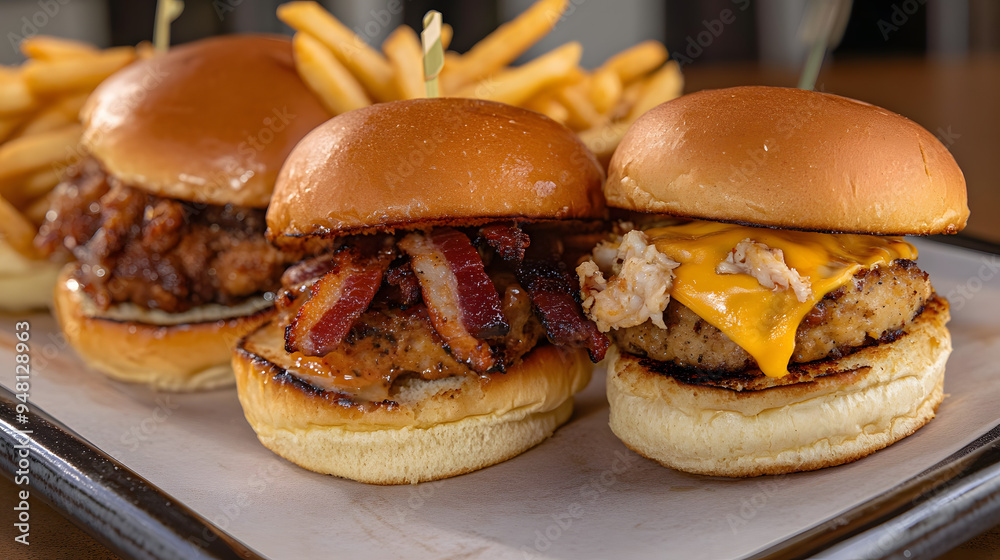 Wall mural Three sliders with cheese and bacon, pulled pork and a crab cake served on buns, with a side of fries.