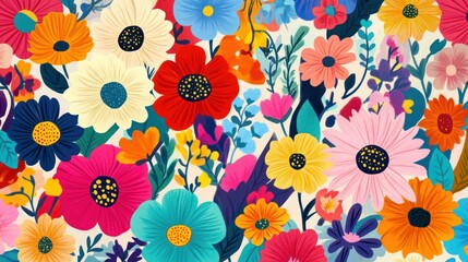 A vibrant floral pattern featuring a multitude of colorful flowers in various shapes and sizes.