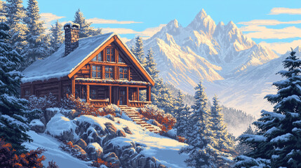 landscape with a wooden house, in winter against the backdrop of snow-capped mountains. landscape in pixel art