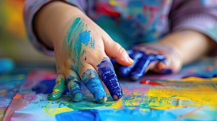 Close-up of children drawing enthusiastically with their fingers on paper. Explore textures and colors with curiosity.