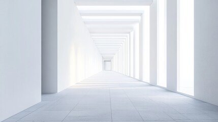 Obraz premium A serene, modern hallway with bright white walls and soft natural light streaming in, creating a peaceful atmosphere.