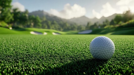 A close-up of a golf ball resting on a lush green fairway, surrounded by rolling hills and a bright sky.