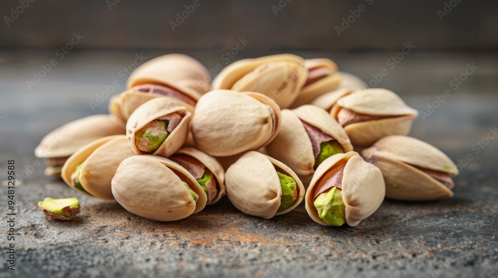 Poster a pile of whole pistachio nuts in their shells, with some cracked open, arranged neatly on a rustic 