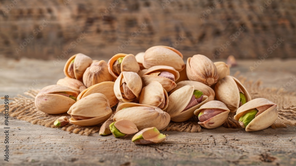 Poster a pile of whole pistachio nuts in their shells, with some cracked open, arranged neatly on a rustic 