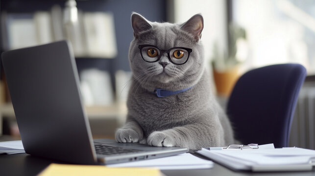 Cute gray cat in black glasses works on laptop. Freelance and office work.