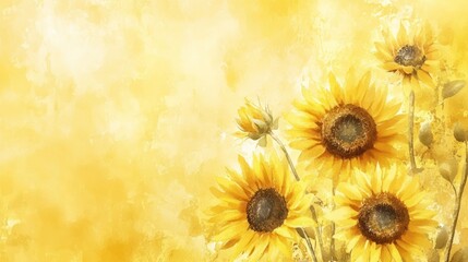Obraz premium Vibrant sunflowers stand against a warm yellow background, evoking feelings of joy and tranquility.
