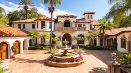 Fototapeta premium Mediterranean Mansion with a Courtyard Fountain