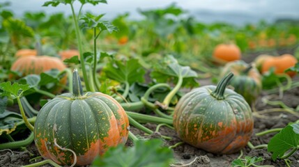 Obraz premium A pumpkin patch featuring a variety of pumpkins in different stages of ripeness on a neutral background