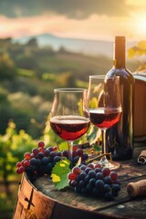 Wine glass grape with background of grape plantation winery