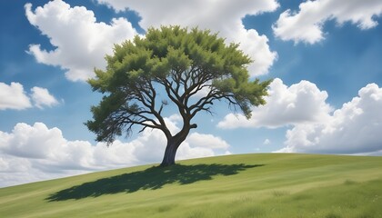 Obraz premium Tree Illustration Hill Sky Clouds Digital Nature Painting Artwork