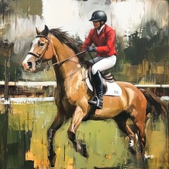 Obraz premium Horse jumping with equestrian rider painting
