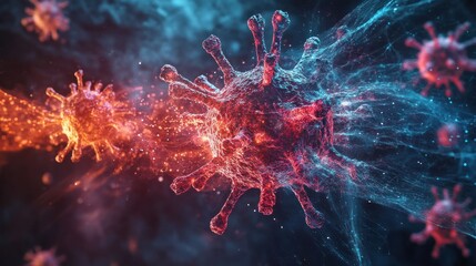 A dynamic image showing the rapid spread of a virus, with visual cues representing transmission through different mediums.