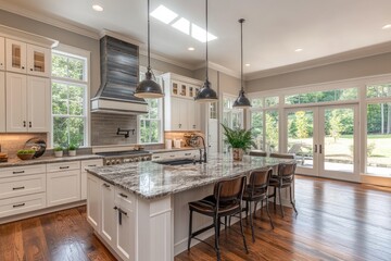 Modern kitchen showing open concept design with island and hardwood floors