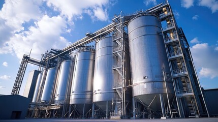 Industrial silos storing liquid or gas at a modern factory