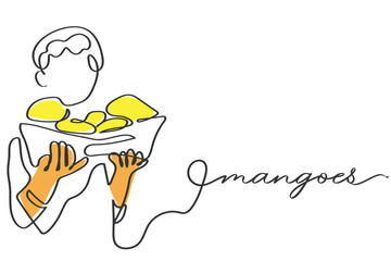 hand drawn line art vector of a kid carrying a basket of mangoes. Tropical fruits concept art.