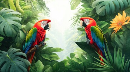 Fototapeta premium Clipart featuring detailed illustrations of jungle elements, such as dense trees, vines, and colorful wildlife like parrots and monkeys, on a pristine white background.