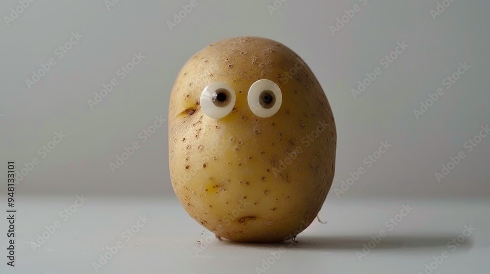 Poster a single large potato with a rough texture and small eyes on a white background