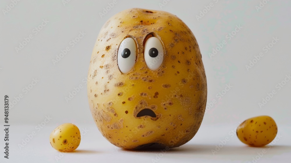 Poster a single large potato with a rough texture and small eyes on a white background