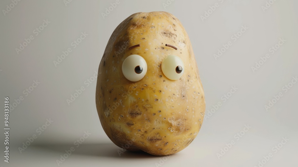 Poster a single large potato with a rough texture and small eyes on a white background