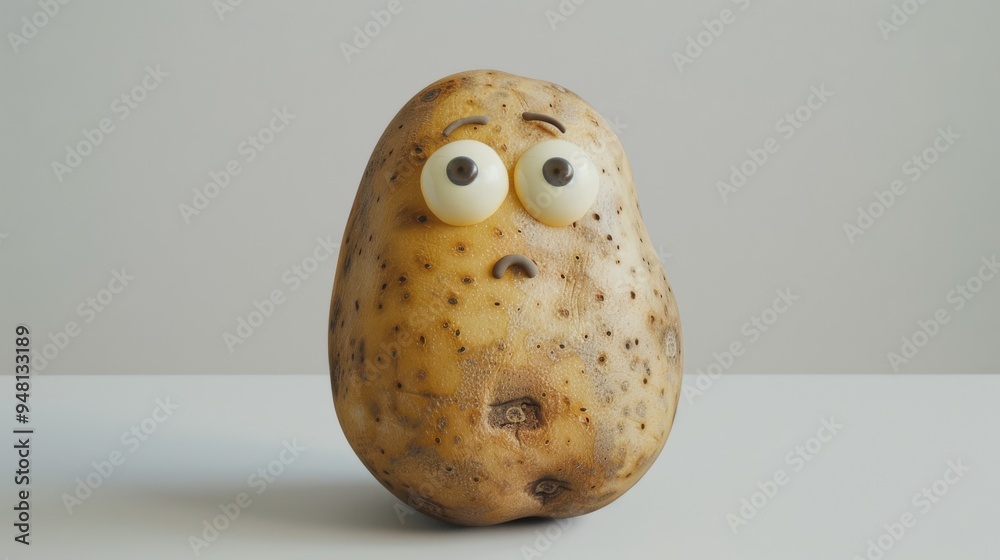Poster a single large potato with a rough texture and small eyes on a white background