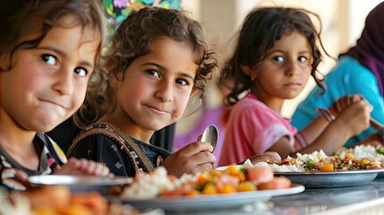 children sitting together, each with their own plate, enjoying a meal in a social and supportive environment. 