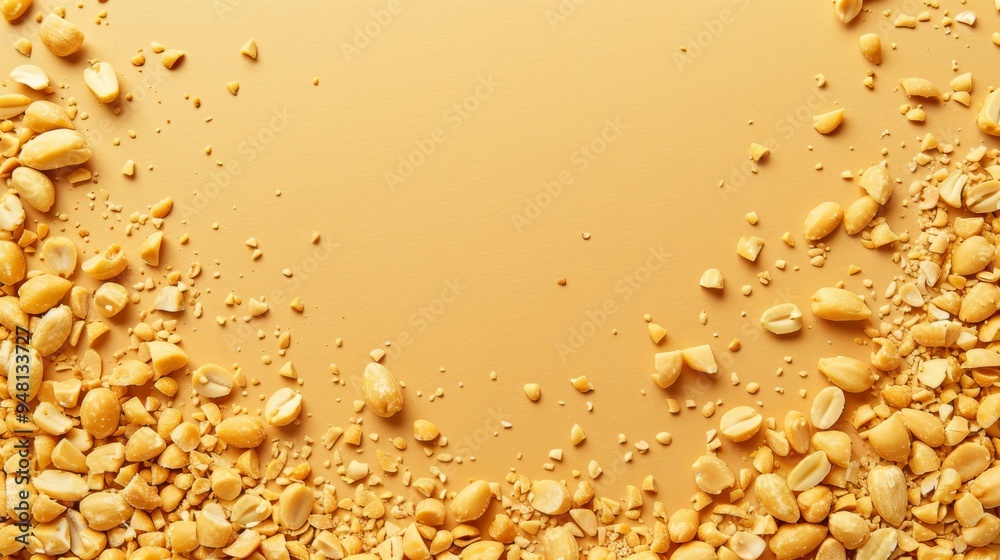 Poster A spread of crushed peanuts scattered across a smooth surface, with a clean background to highlight the varying sizes and textures of the peanut pieces