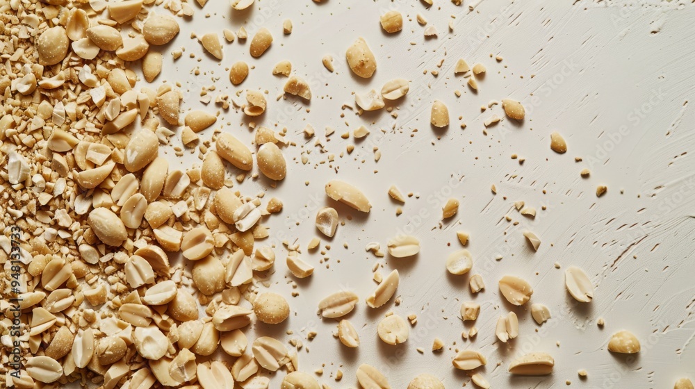 Leinwandbilder A spread of crushed peanuts scattered across a smooth surface, with a clean background to highlight the varying sizes and textures of the peanut pieces