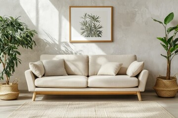 This boho, rustic living room design features a grey sofa near a beige stucco wall.