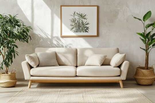 This boho, rustic living room design features a grey sofa near a beige stucco wall.