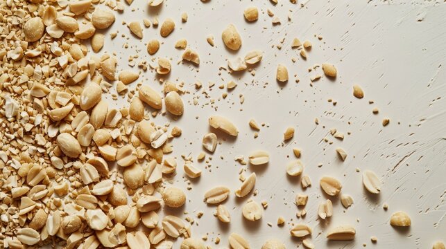 A spread of crushed peanuts scattered across a smooth surface, with a clean background to highlight the varying sizes and textures of the peanut pieces