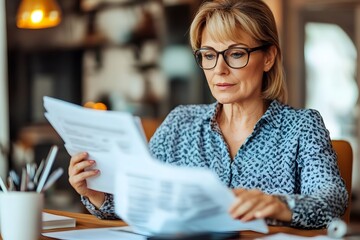 Mature Female Professional Reviewing Financial Documents at Home Office