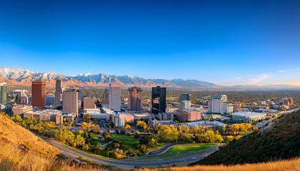 A panoramic photo of the Salt Lake City skyline with mountains