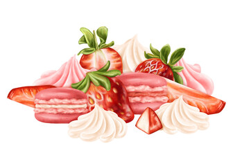 A composition of whipped cream, strawberry slices and macaroons. Berry decor for birthday parties. Topping for cakes, cupcakes, ice cream. Confectionery sweets. Digital isolated illustration