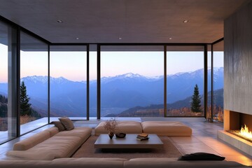 Fototapeta premium Fireplace graces a room with concrete walls, embodying loft minimalism home interior design of a modern living room with a TV and panoramic views