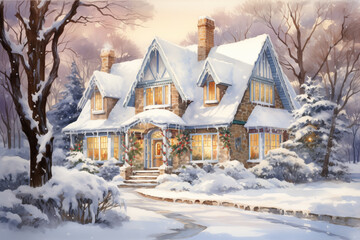 Fototapeta premium A painting featuring a snowy landscape with a house standing amidst snow-covered trees