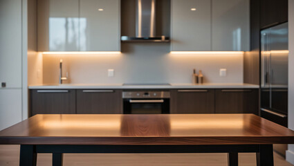 Empty tabletop over defocused kitchen with copy space