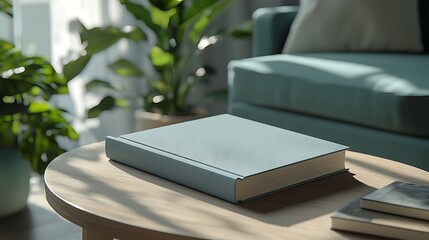A book mockup sits on a wooden table in a minimalist living room, providing a canvas for creative design ideas.