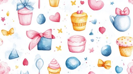 Seamless and sweet watercolor baby toys, headbands, dolls, aprons, nurturing colors
