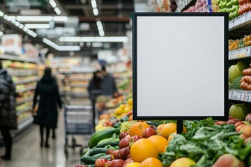 Blank sign is displayed in a grocery store near fresh fruits and vegetables