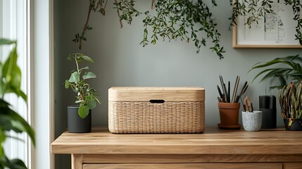 A woven storage basket sits on a wooden table with plants, blending functionality with natural decor in a minimalist setting.