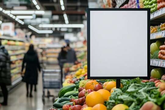 Blank sign is displayed in a grocery store near fresh fruits and vegetables