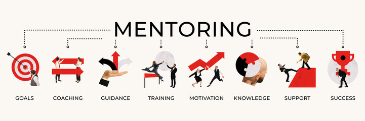 Banner. Contemporary art collage. Visual representation of mentoring, highlighting goals, guidance,...