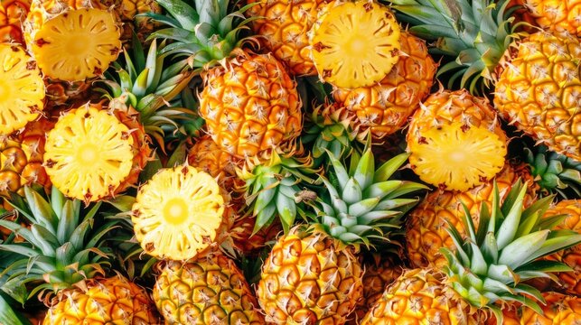 A vibrant pineapple pattern fills the background with bright yellow and green hues, showcasing the fruit's textured surface in a seamless, repeating design. - Powered by Adobe