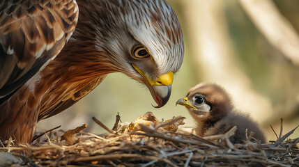 Obraz premium Powerful Raptor Feeding Newborn Chicks in Nest in Natural Habitat