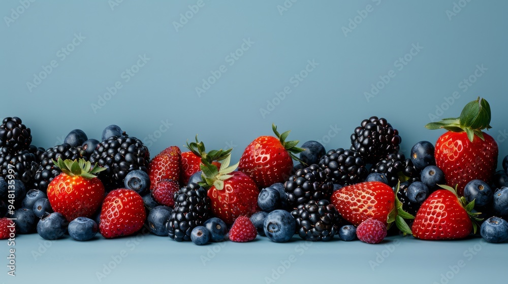 Poster a visually appealing spread of assorted berries with a focus on the bright red of strawberries, the 